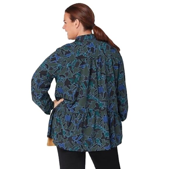 LOGO by Lori Goldstein Stretch Woven Button Front Blouse Green Stencil Small - Picture 2 of 9